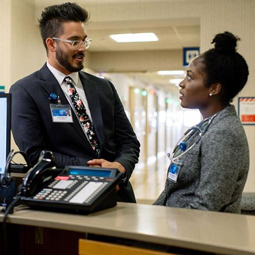 Internal Medicine Preliminary residents collaborate in the hallway at Mayo Clinic in Rochester, Minnesota.