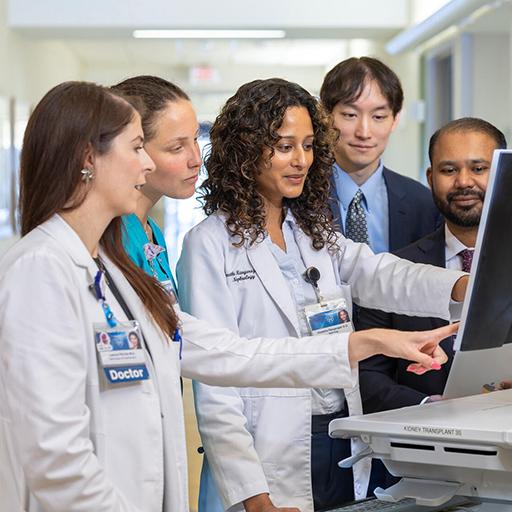 Nephrology medical professionals work at a computer together.