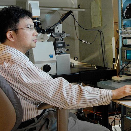 Physician studying a muscle biopsy for a neuromuscular disorder