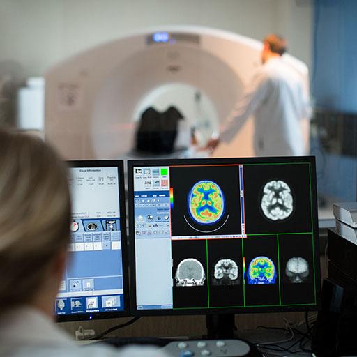 Photo of Mayo Clinic nuclear radiology fellow reviewing imaging results