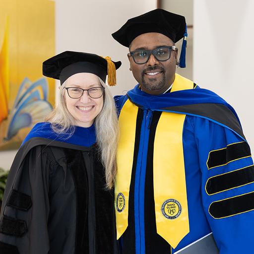 Sharoon Akhtar pictured at 2026 Mayo Clinic Commencement with his research mentor