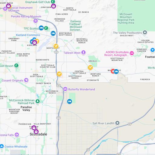 Map of local amenities including hotels and catering nearby the Mayo Clinic Scottsdale campus.