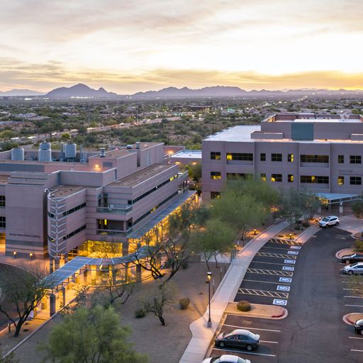 Aerial view at sunset of the Collaborative Research Building on the Mayo Clinic Scottsdale campus, home to the Center for Procedural Innovation.