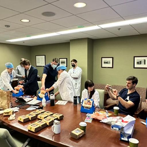 Twelve people from the Female Pelvic Medicine and Reconstructive Surgery Fellowship program at Mayo Clinic in Rochester, Minnesota, participate in a dry simulation lab for sling, urethral bulking, and sacrospinous ligament fixation.