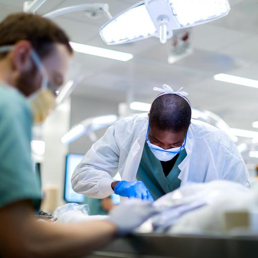 Medical students practice in the simulation lab at Mayo Clinic in Rochester, Minnesota.