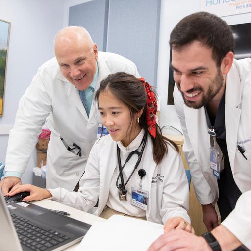 Medical students at Mayo Clinic Alix School of Medicine enjoy working with supportive faculty members. Pictured here, two faculty members are working with a medical student on a laptop computer.