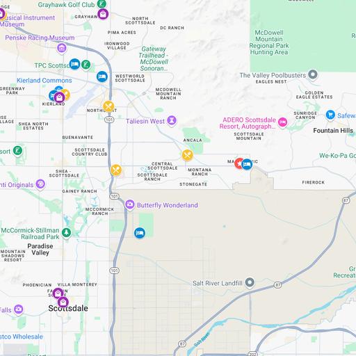 Map of local amenities including hotels and catering nearby the Mayo Clinic Scottsdale campus.