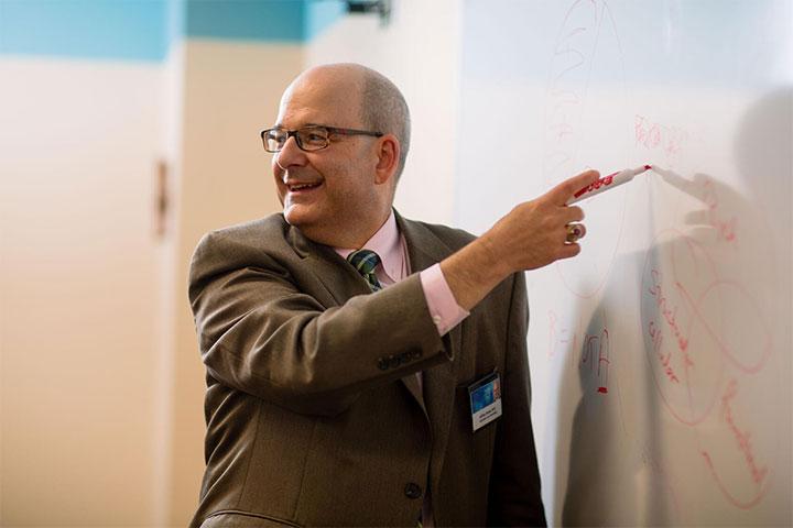 Psychiatry Residency faculty member teaches using a white board at Mayo Clinic in Rochester, Minnesota.