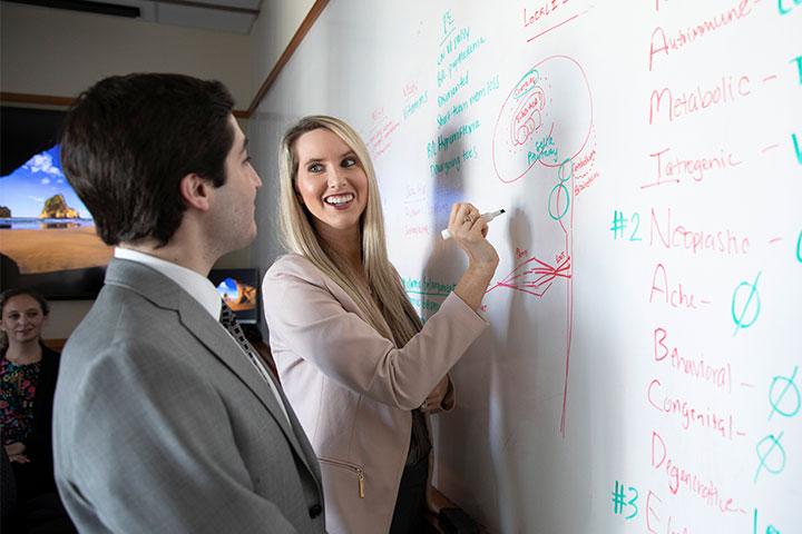 Two Adult Neurology residents writing on a white board