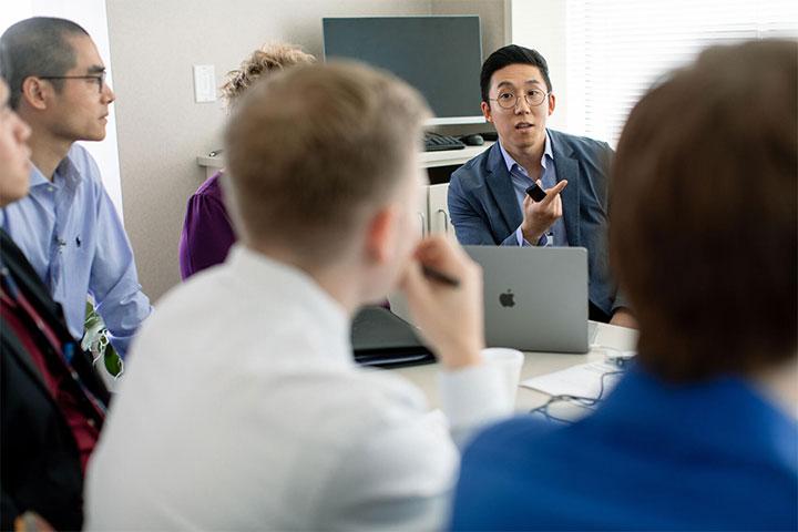 Adult Reconstructive Surgery, Upper Extremity (Shoulder and Elbow) fellows in a meeting at Mayo Clinic in Rochester, Minnesota.