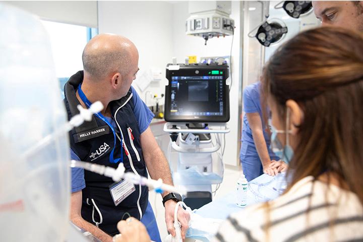 Fellows learning resuscitation by utilizing ultrasound at one of our workshops