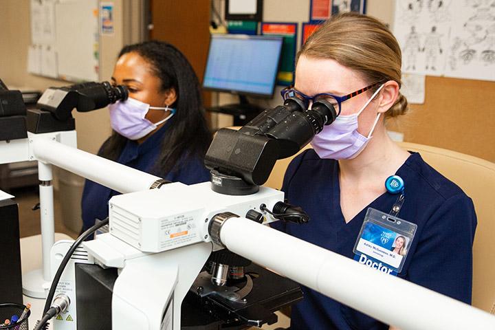 Micrographic Surgery and Dermatologic Oncology Fellows use microscopes in the lab at Mayo Clinic in Rochester, Minnesota.