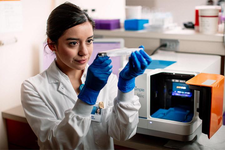 Clinical Chemistry Postdoctoral fellow works in the lab at Mayo Clinic in Rochester, Minnesota.