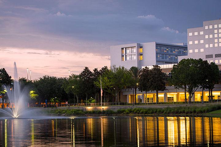 Evening photo of Mayo Clinic's campus in Jacksonville, Florida