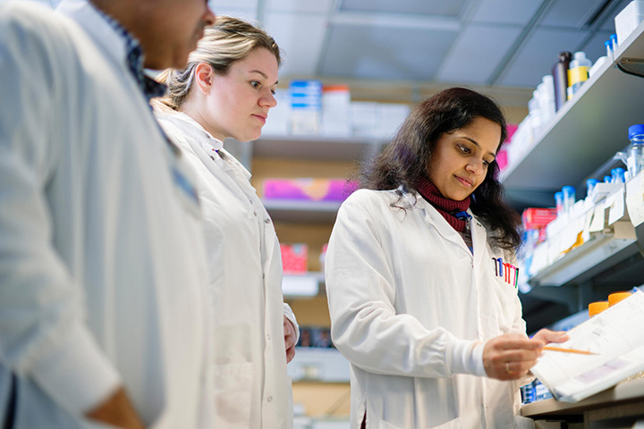 Ph.D. students and researchers examine and discuss a notebook in the lab